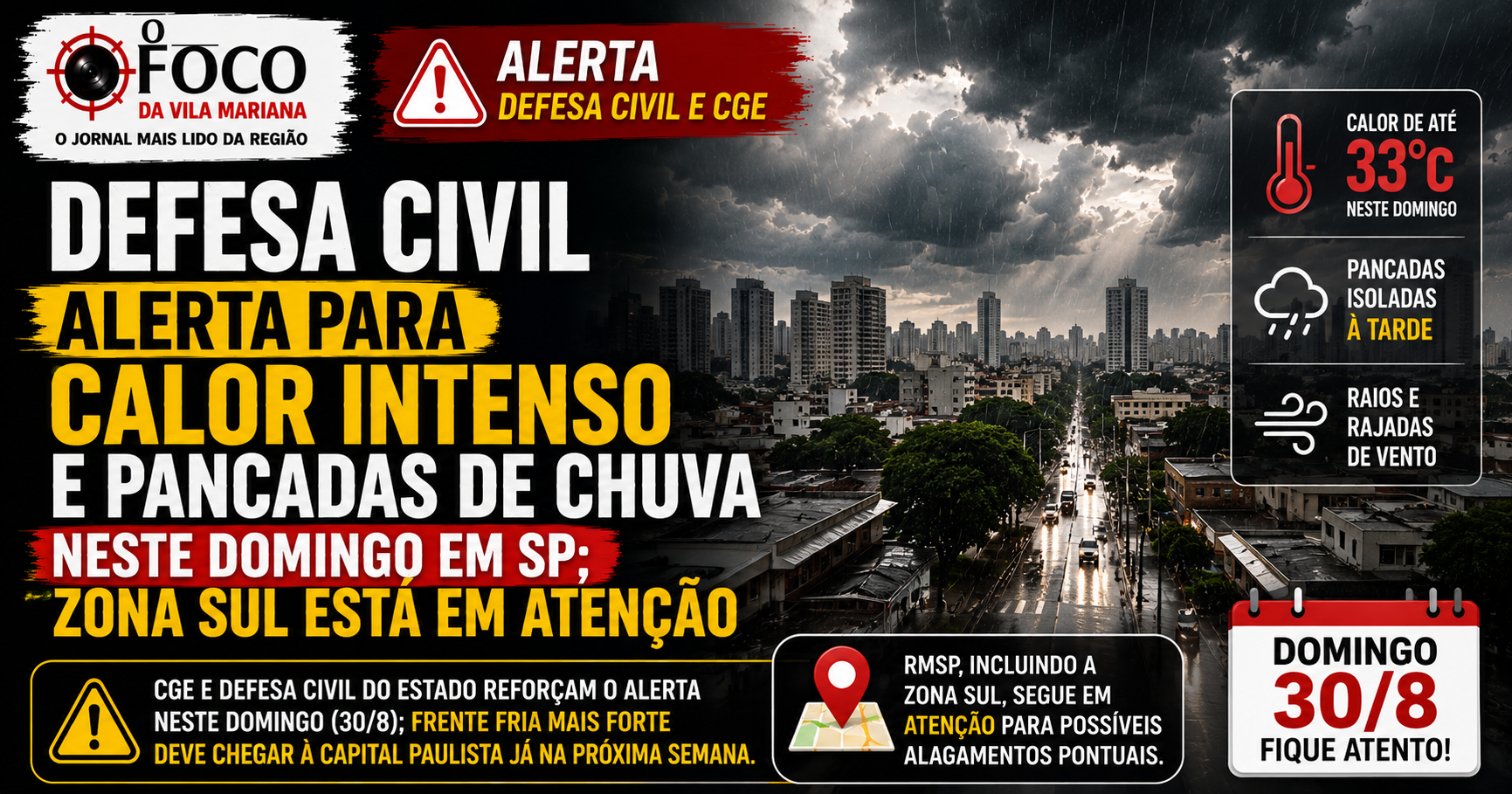 Defesa Civil alerta para calor intenso e pancadas de chuva neste domingo em SP; Zona Sul está em atenção