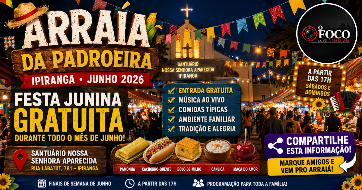 Arraiá da Padroeira no Santuário Nossa Senhora Aparecida do Ipiranga com bandeirinhas, barracas e público durante a noite