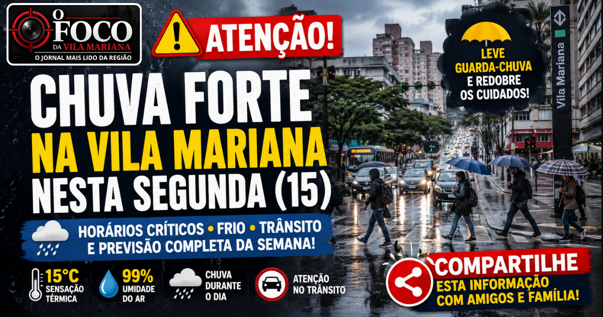 Chuva forte na Vila Mariana nesta segunda-feira com céu fechado, trânsito lento e moradores usando guarda-chuva na Zona Sul de São Paulo