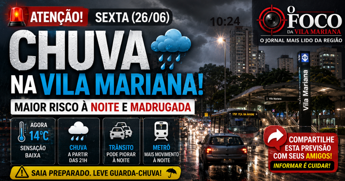 🚨 Chuva muda o tempo na Vila Mariana nesta sexta (26); veja o horário de maior risco antes de sair de casa