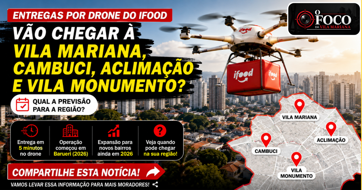 Drone de entregas do iFood sobrevoando prédios da Vila Mariana em projeção tecnológica para São Paulo