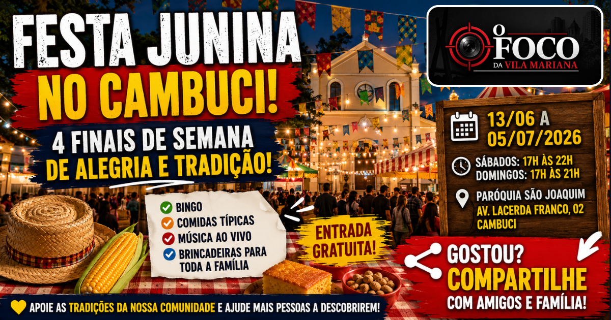 Festa Junina da Paróquia São Joaquim no Cambuci com barracas, bandeirinhas e público durante a noite