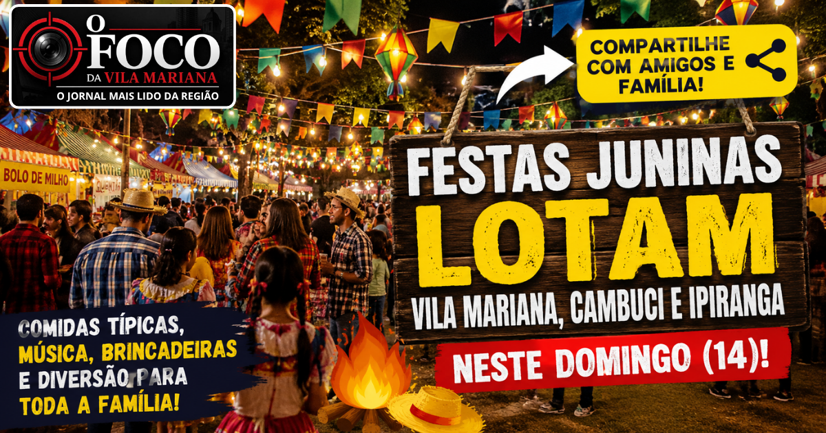 Festa junina movimentada na Vila Mariana com barracas típicas, bandeirinhas coloridas e famílias aproveitando programação de domingo