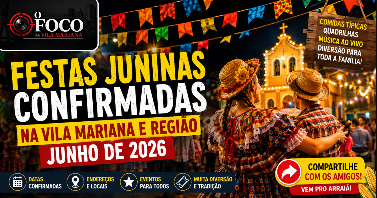 Festa junina com quadrilha, bandeirinhas e público na Vila Mariana em São Paulo durante junho de 2026