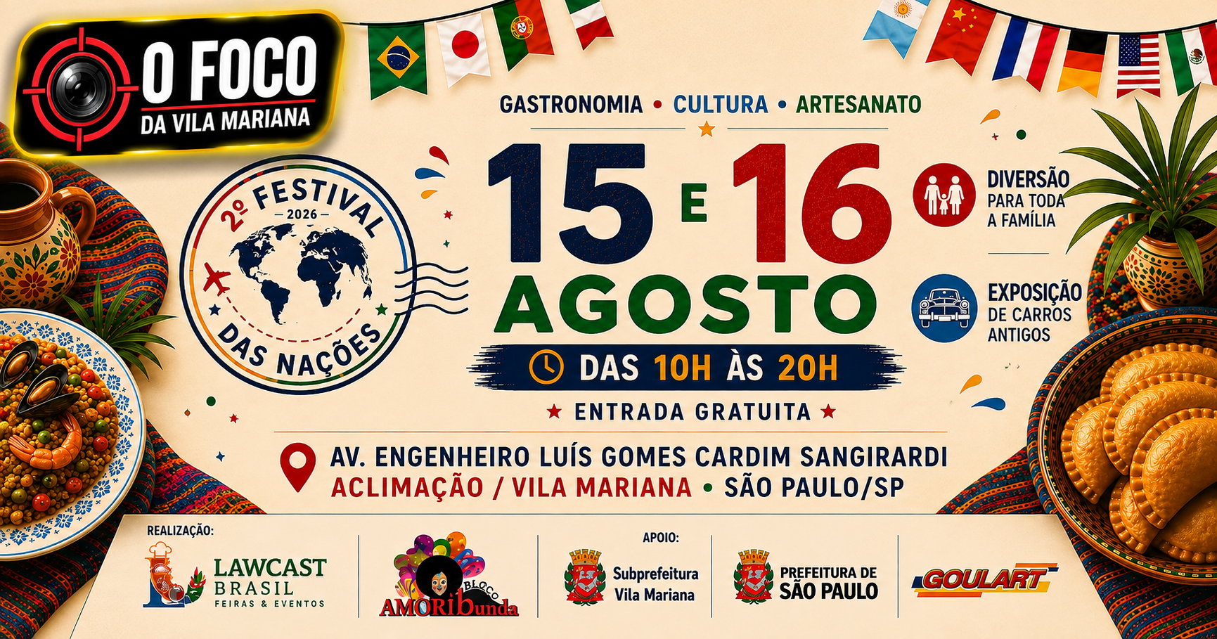 Cartaz oficial do 2º Festival das Nações, com as datas 15 e 16 de agosto, em Vila Mariana e Aclimação, São Paulo