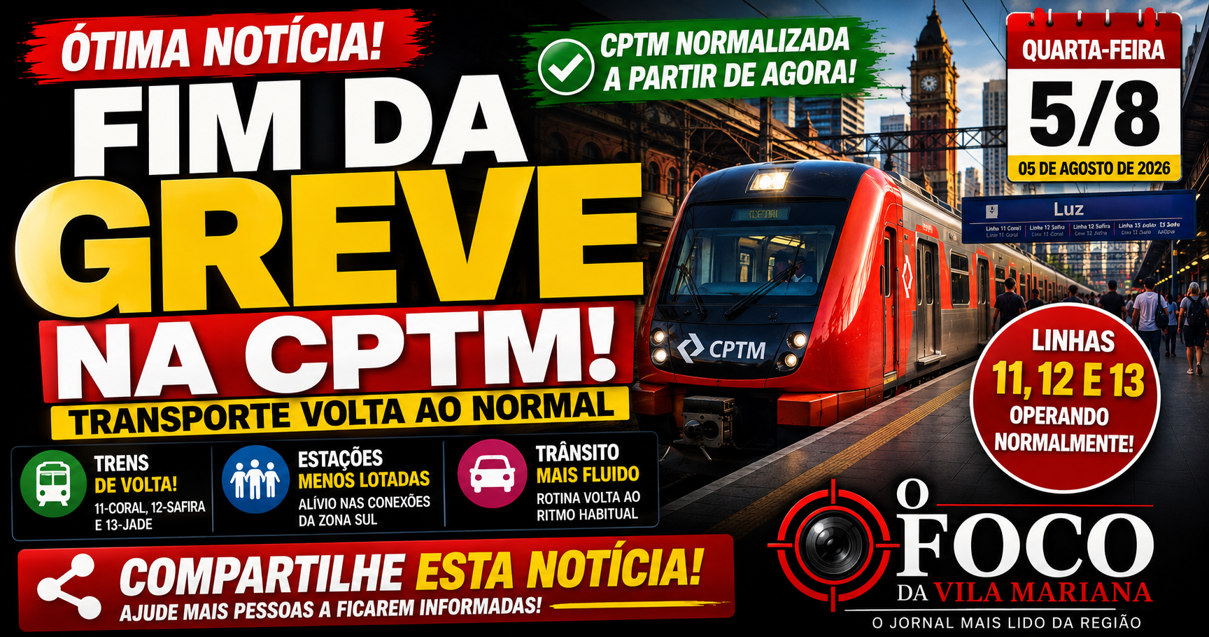 Trem da CPTM circulando regularmente em estação de integração com o Metrô em São Paulo