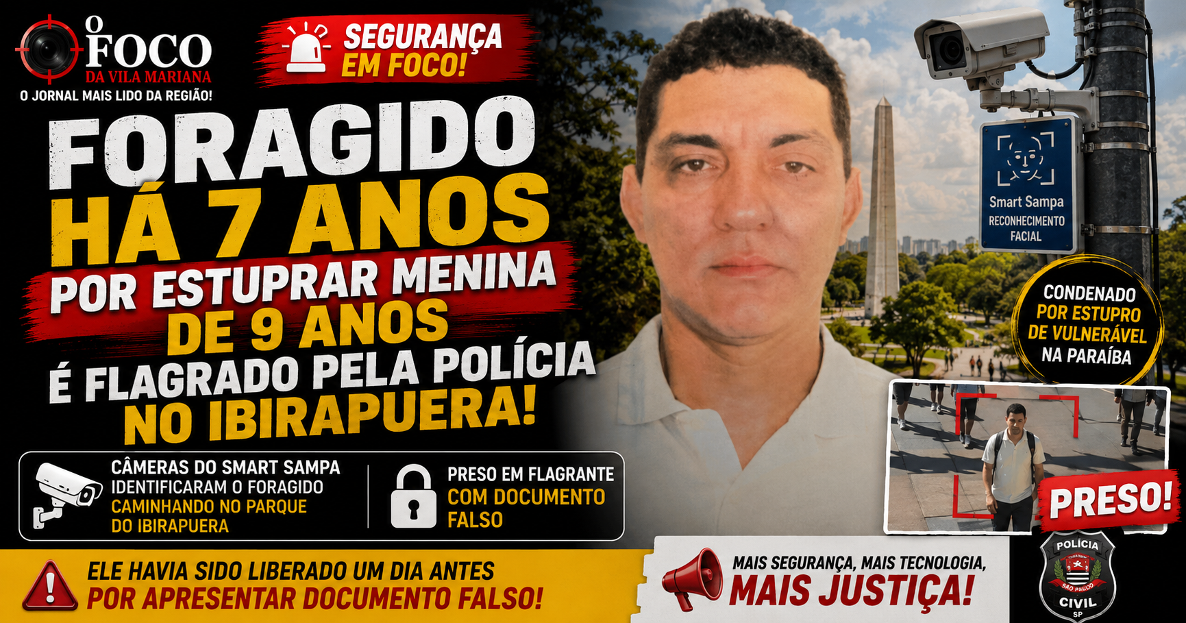 Foragido há 7 Anos por Estuprar Menina de 9 Anos é Flagrado pela Polícia no Ibirapuera