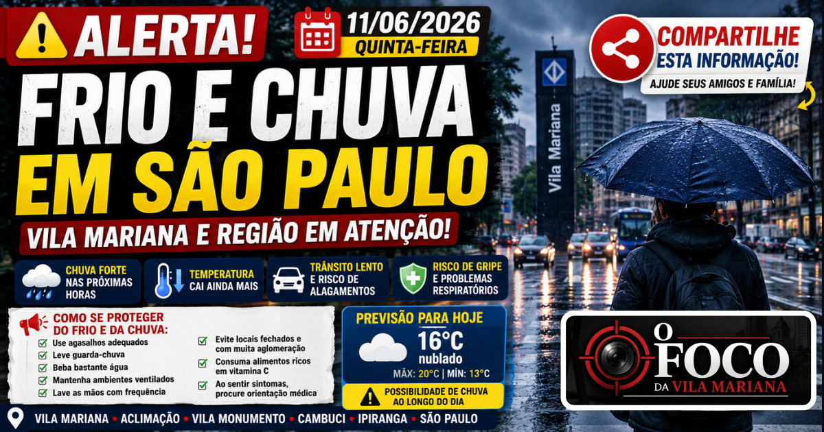 Moradores caminham agasalhados em dia frio e nublado na Vila Mariana com previsão de chuva em São Paulo