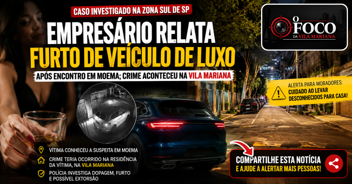 Rua residencial da Vila Mariana durante investigação de caso envolvendo furto de veículo de luxo.