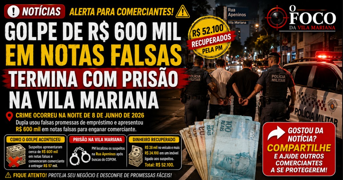 Policiais militares durante ocorrência de golpe com notas falsas na Vila Mariana, zona sul de São Paulo