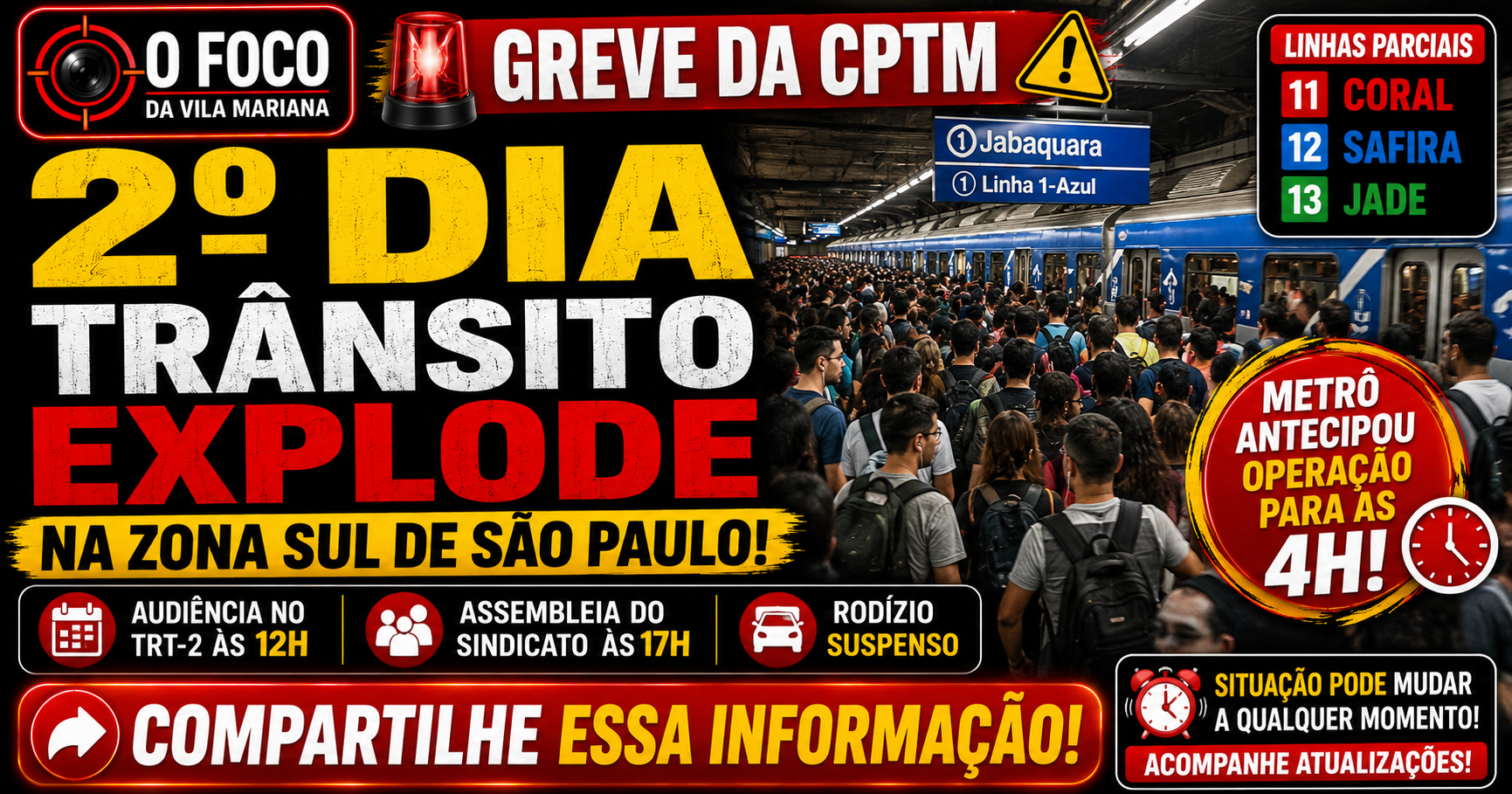 Plataforma da Linha 1-Azul do Metrô lotada de passageiros durante segundo dia de greve da CPTM em São Paulo