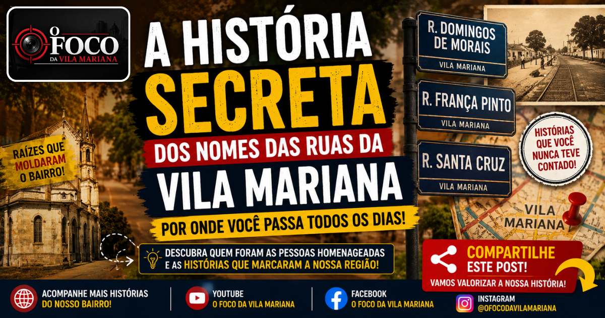 Rua histórica da Vila Mariana com placas de nomes tradicionais do bairro em São Paulo