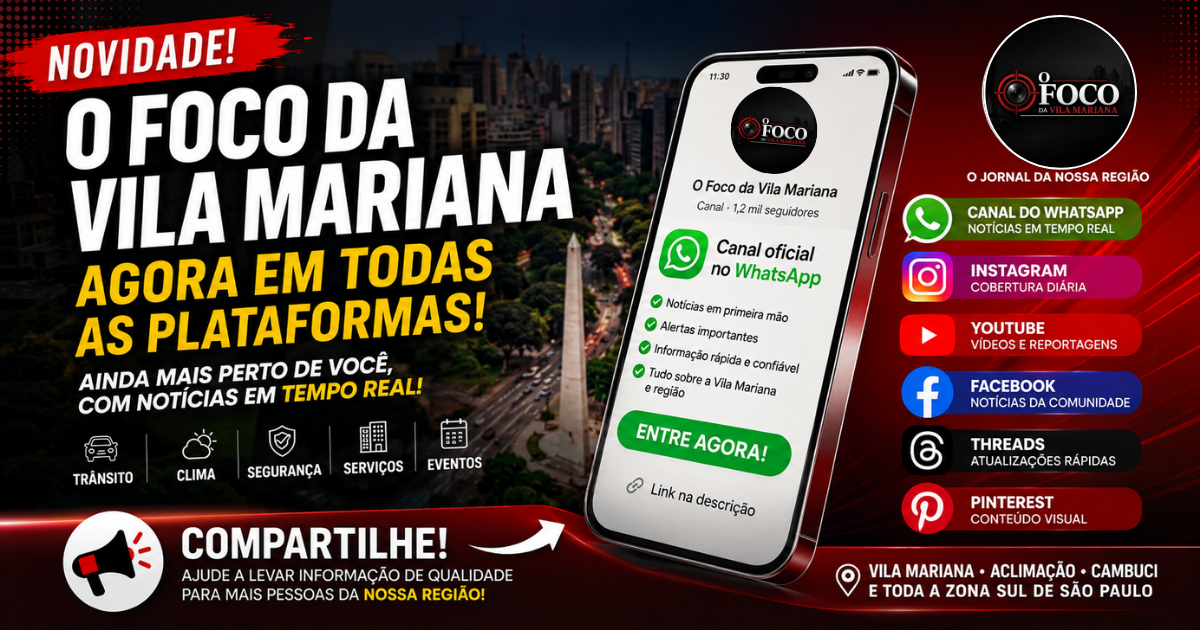 Jornal O Foco da Vila Mariana anunciando expansão digital com canal no WhatsApp e redes sociais em São Paulo