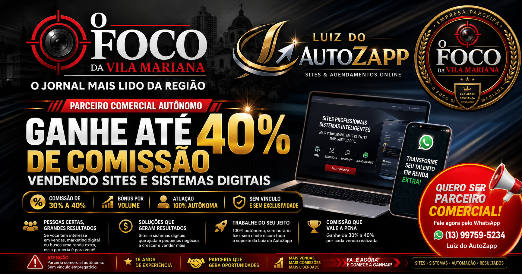 Programa de parceiros comerciais da Luiz do AutoZapp para venda de sites e sistemas digitais
