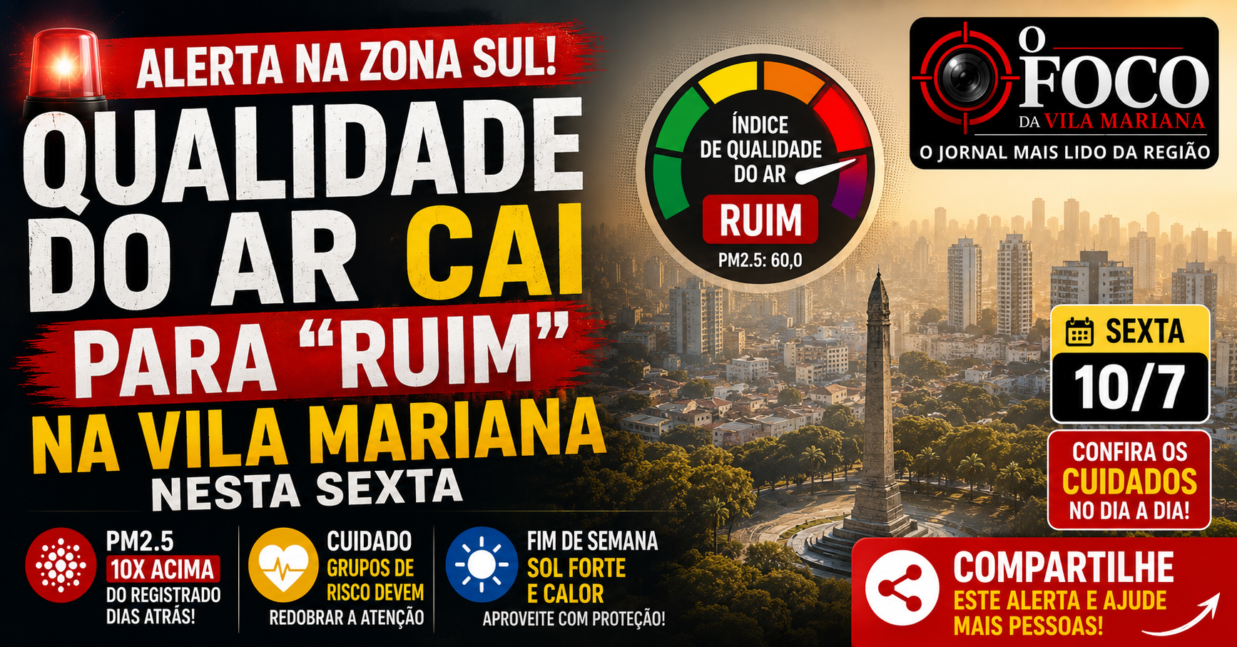 Céu com neblina de poluição sobre a Vila Mariana nesta sexta-feira, com índice de qualidade do ar classificado como ruim