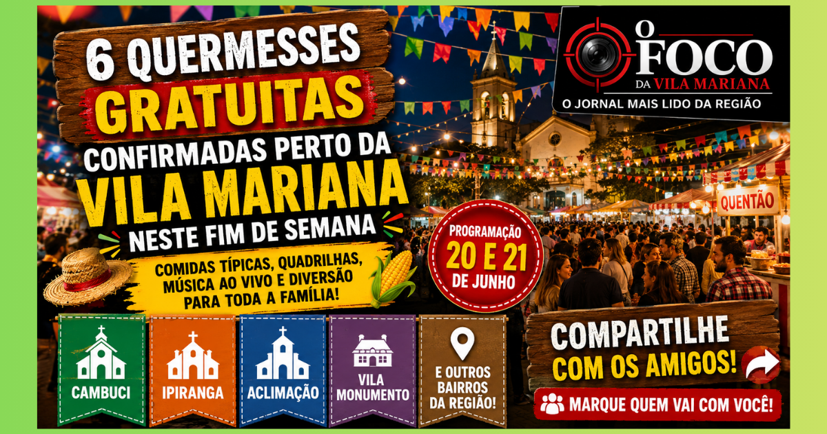Moradores aproveitam quermesse lotada com bandeirinhas, comidas típicas e música ao vivo perto da Vila Mariana em São Paulo