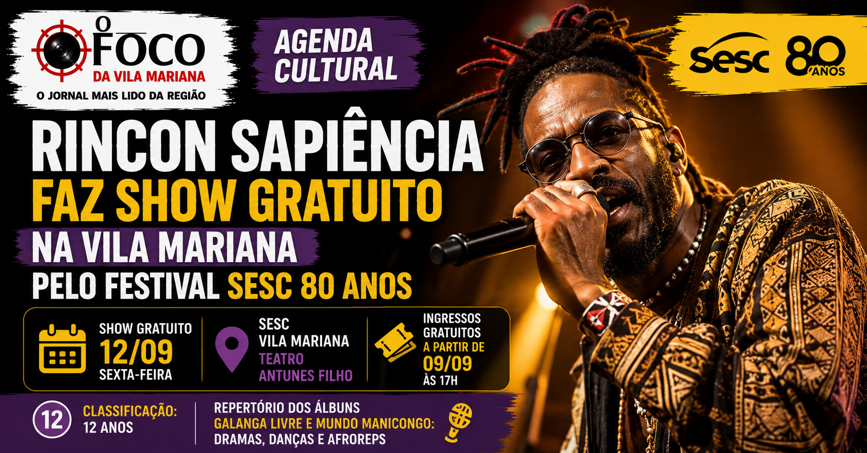 Rincon Sapiência Faz Show Gratuito na Vila Mariana pelo Festival Sesc 80 Anos