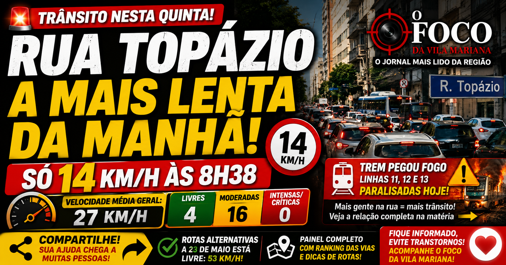 Rua Topázio com trânsito lento no pico da manhã em São Paulo