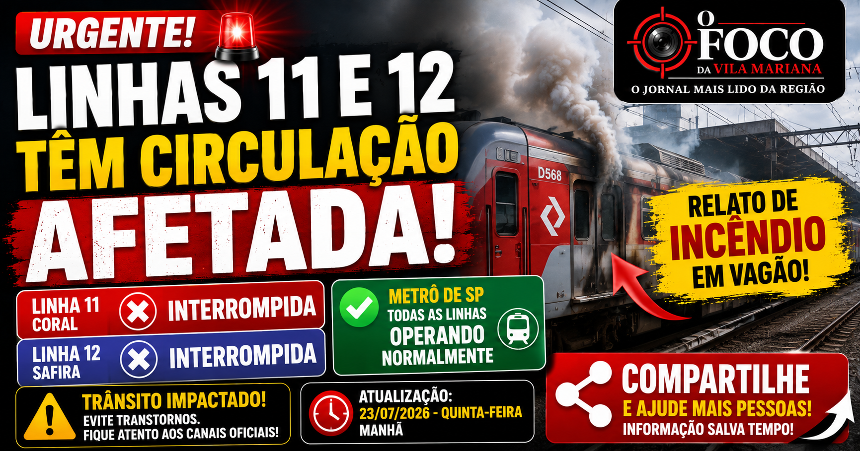 Trem em chamas entre as estações Brás e Tatuapé na Linha 12-Safira, em São Paulo