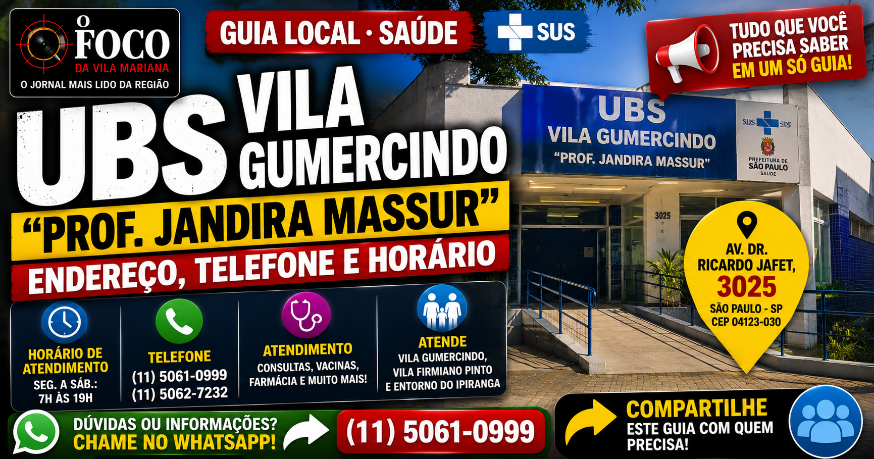 Fachada da UBS Vila Gumercindo Prof. Jandira Massur, na Av. Dr. Ricardo Jafet, 3025, em São Paulo