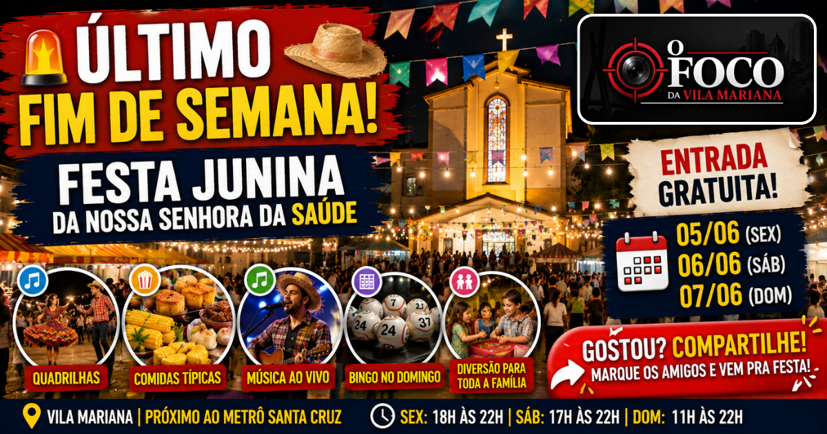 Público participa da Festa Junina da Paróquia Nossa Senhora da Saúde na Vila Mariana durante a noite