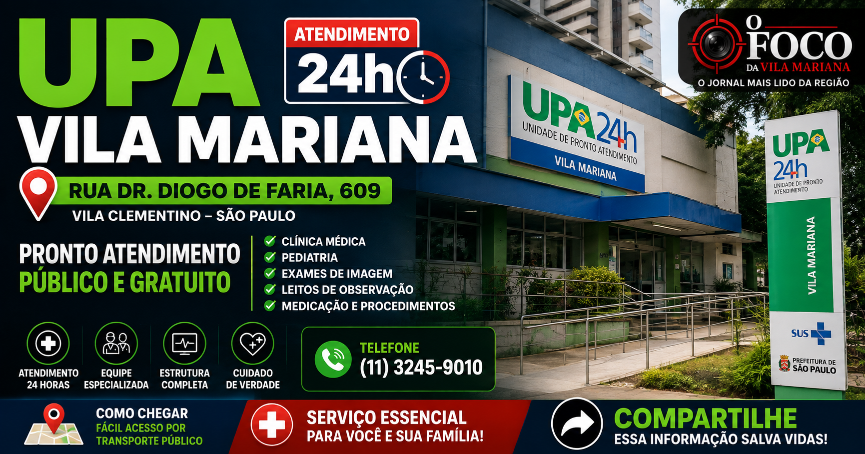 Fachada da UPA Vila Mariana na Rua Doutor Diogo de Faria na Vila Clementino em São Paulo