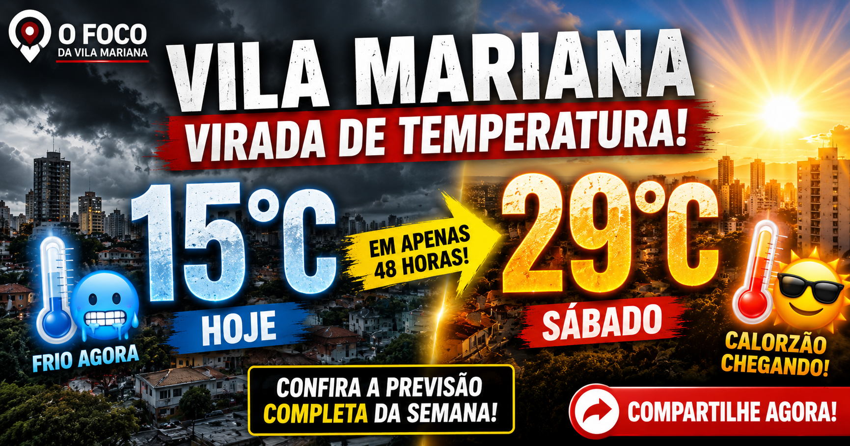 Céu nublado sobre a Vila Mariana em dia frio, antes da virada de temperatura prevista para o fim de semana